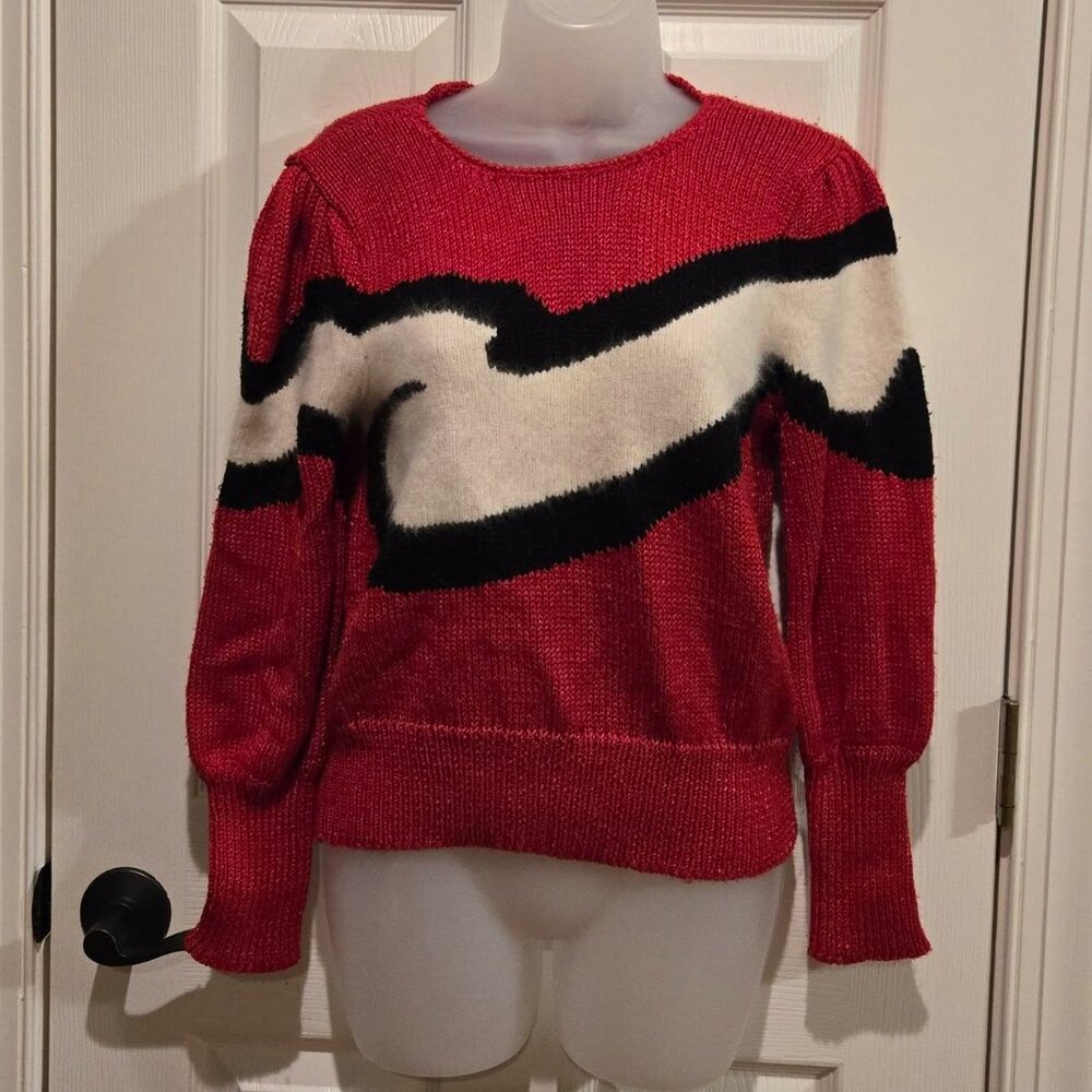 Vintage Susann D 80s Red Fuzzy Angora Boatneck Knit Statement Sweater Top Medium